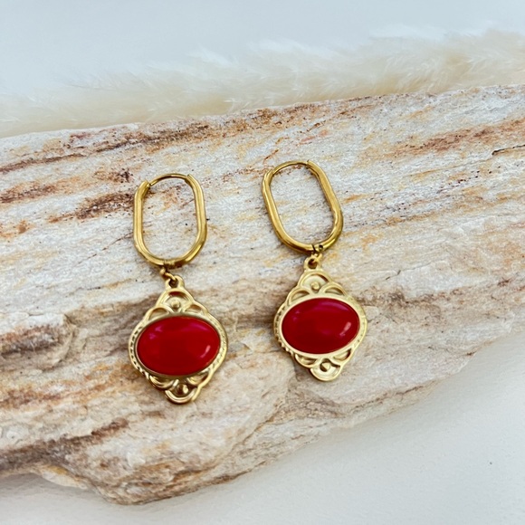 Elegant Stone Pendant Hoops - Dainty Boho Earrings - Flirty Coquette Earrings - Picture 5 of 15